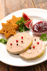 foie gras slices with gingerbread bread slice in star shape and onion dip