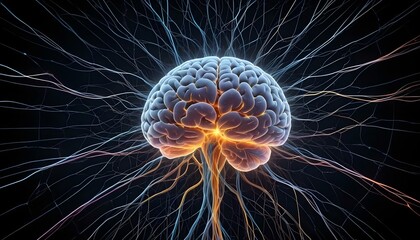 A image of a 3d rendered illustration of a electronic metal human brain with neon growing lightning