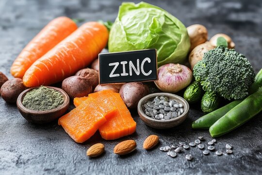 Assortment of healthy foods rich in zinc mineral on a dark background