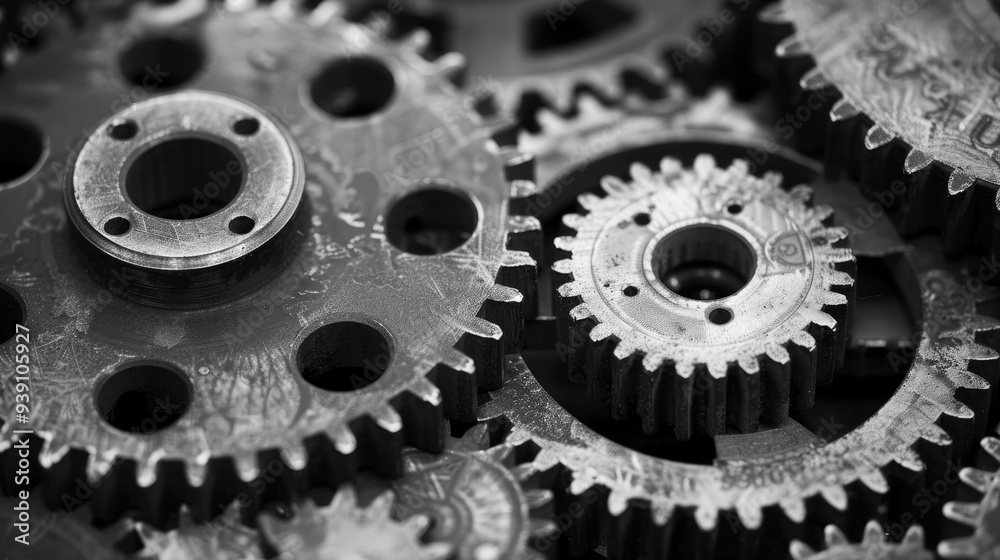 Poster retro black and white background of industrial cogs or gears with movement