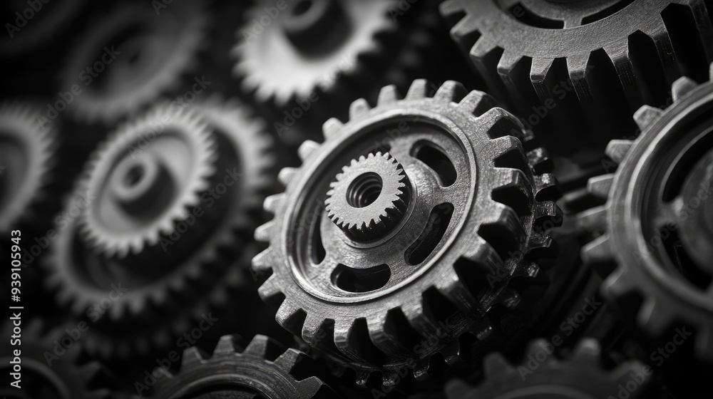Poster retro black and white background of industrial cogs or gears with movement
