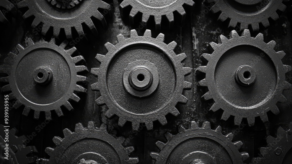 Poster Retro black and white background of industrial cogs or gears with movement