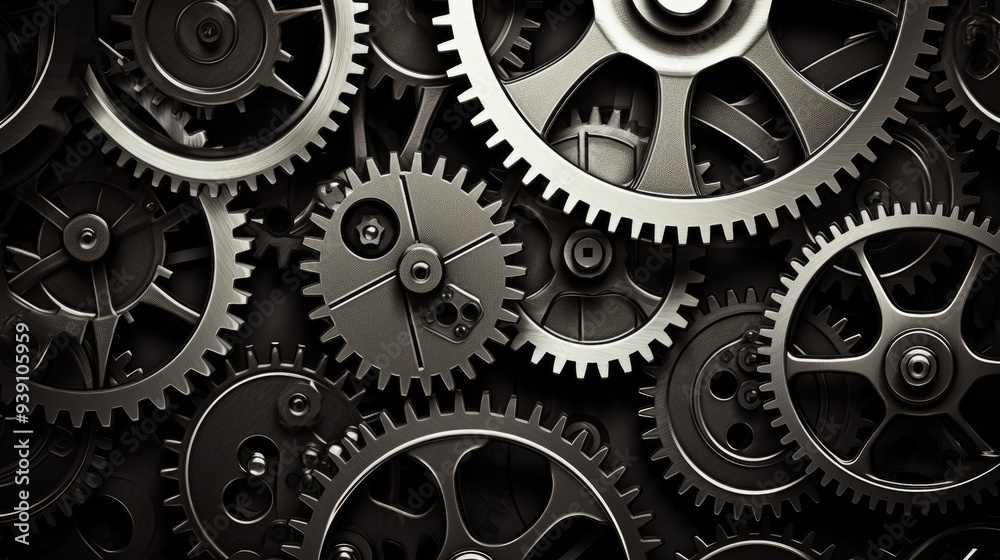 Poster retro black and white background of industrial cogs or gears with movement