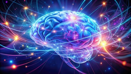 Digital illustration of a human brain with swirling neon blue and purple lights, representing the mysterious and complex connections of quantum thought and cognition.