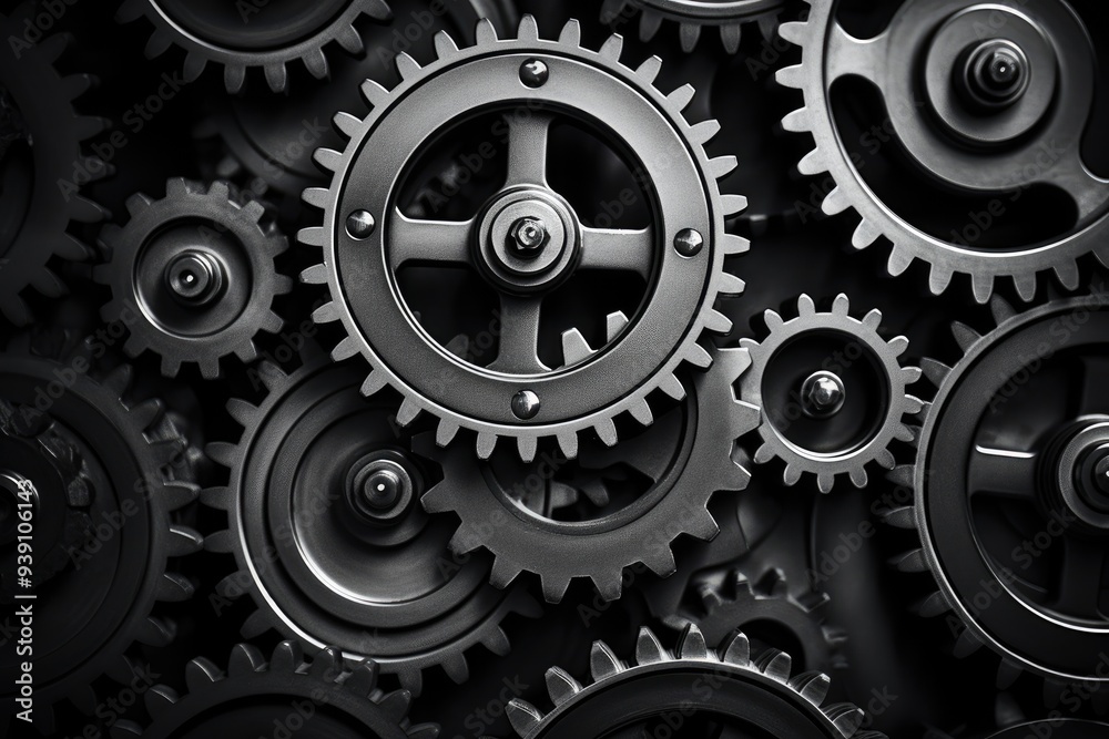 Aufkleber Retro black and white background of industrial cogs or gears with movement