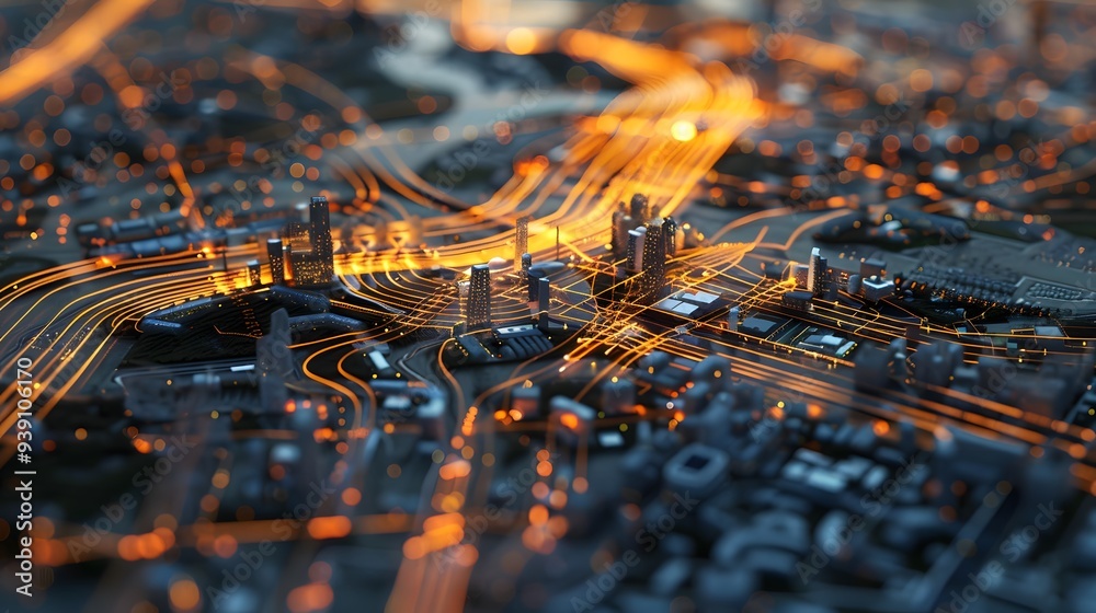 Poster a complex geospatial visualization, showing a detailed map with layers of data, such as urban planni