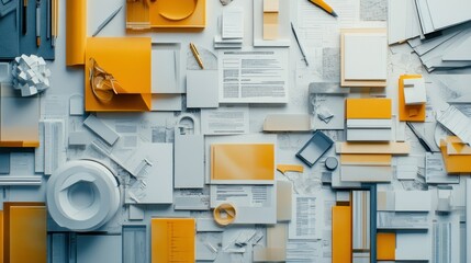 Abstract Composition of Yellow, White, and Gray Geometric Shapes and Objects