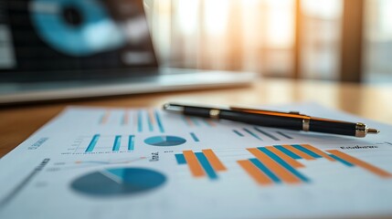 Business graphs and charts laid out on a table representing financial development banking accounts and statistical analysis