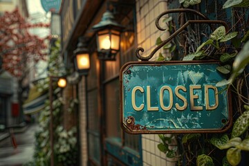 Old closed sign hanging on a small business door during covid-19 pandemic