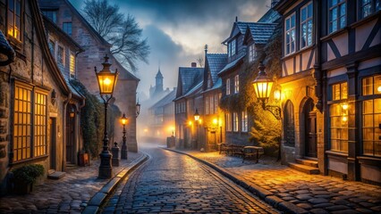 Fototapeta premium Dimly lit cobblestone street lined with historic buildings, ornate lanterns, and misty fog, evoking a mystical and romantic atmosphere on a quiet winter night.