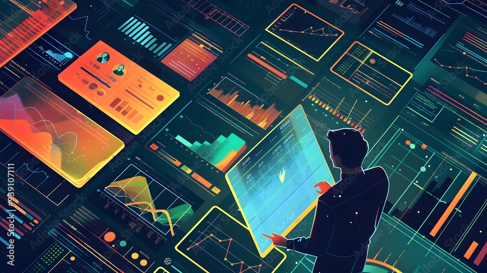 Poster an image that blends compelling narratives with data visualization elements, using charts, graphs, a