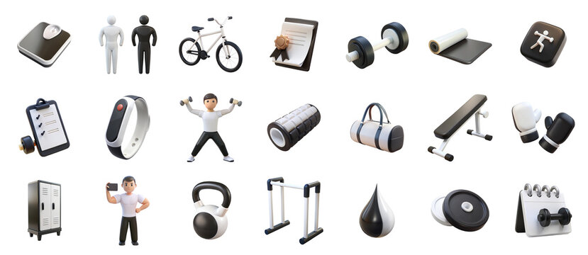 Fitness set including man bicycle certificate dumbbells exercise mat items, boxing glove locker selfie kettlebell