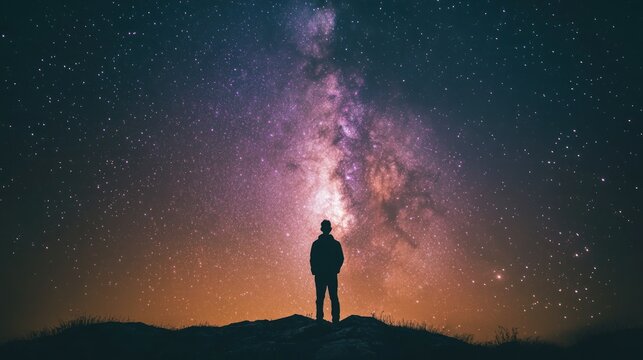 Solitary Figure Gazing at the Milky Way Under a Starry Night Sky