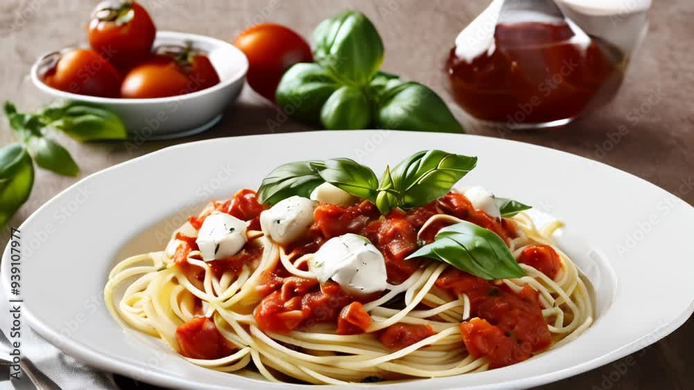 Sticker  Delicious pasta dish with fresh tomatoes and basil