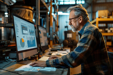 Man Working with Data Analytics on Computer in Industrial Office Setting. New technologies in old industries