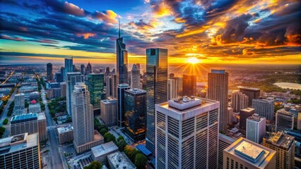 Dramatic aerial view of a city's iconic skyscraper rooftop at sunset, with sleek modern architecture and bustling streets below, set against a vibrant blue sky.