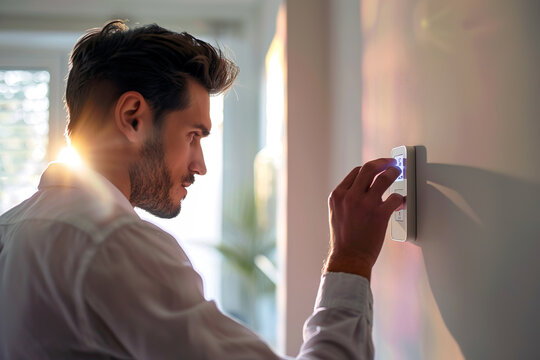 Man Adjusting Smart Thermostat in Sunlit Modern Home Interior