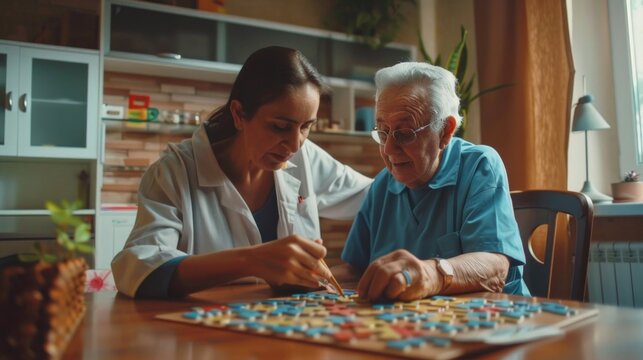 Nurse in geriatric clinic or retirement home helping patient with alphabet puzzle. Senior man sitting at desk and playing games with letters. Old age, AI Generative