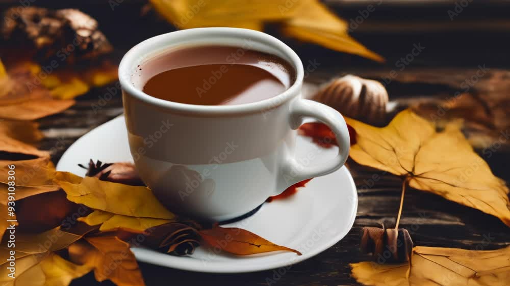 Wall mural  Cozy Autumn Moment  A cup of coffee and a pile of leaves