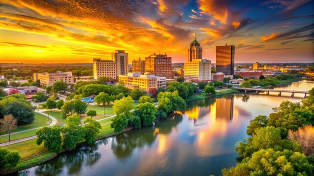 Dramatic sunset casts warm golden light on Waco's scenic skyline, featuring the Brazos River, trees, and buildings in a serene Texas landscape.