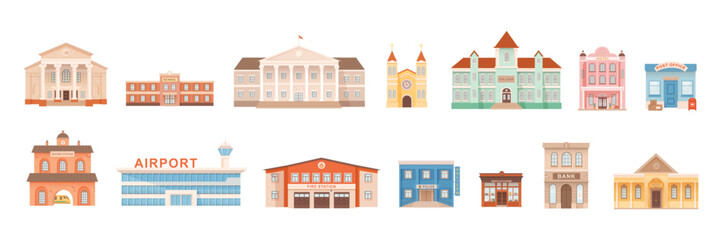 City building illustrations set. Exterior facades of university government school college hotel post office church theatre bank museum railway police library. Urban infrastructure infographics.