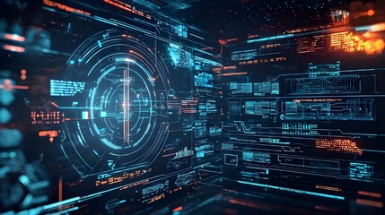 A futuristic background showcasing a technology interface with digital panels and holographic elements. Great for AI technology, software development, and innovation showcases.