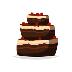 Birthday chocolate cake with candles and cherry for party. Sweet multi layered dainty with creamy icing. Tasty confection, homemade delicacy, bakery product. Cartoon vector illustration.