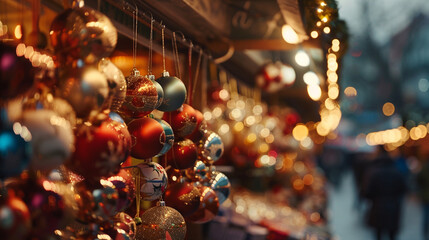 A market stall selling Christmas ornaments, with twinkling lights in the background