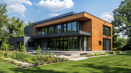 Smart home exterior featuring adaptive window shading and solar energy systems