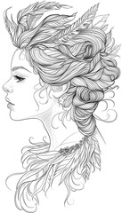 Fototapeta premium Womans Head with Feathers black and white illustration