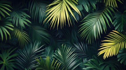 Tropical-themed wallpaper with lush, green palm leaves on a dark background, bringing a touch of the jungle indoors.