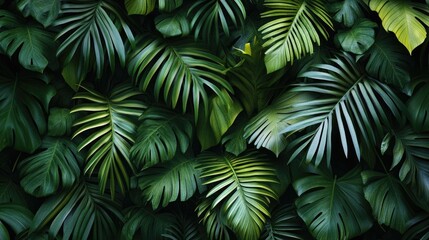 Tropical-themed wallpaper with lush, green palm leaves on a dark background, bringing a touch of the jungle indoors.