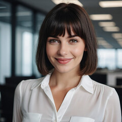 Brunette girl or young beautiful woman with brown eyes, wearing white shirt, in office setting. A bank employee with bob hairstyle listens to you. AI. The girl smiles sweetly, she has white teeth