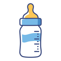 Baby bottle icon. Simple and cute infant feeding bottle clipart illustration. Features a blue and yellow design with milk or formula inside.
