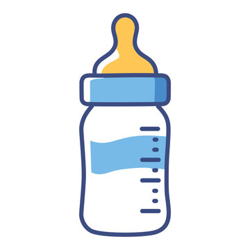 recommend clip art: Baby bottle icon. Simple and cute infant feeding bottle clipart illustration. Features a blue and yellow design with milk or formula inside.