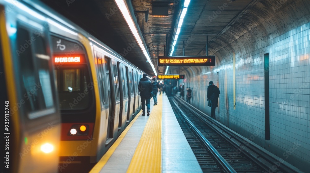 Poster detailed shot of a subway station with passengers entering and exiting trains, and modern transit si