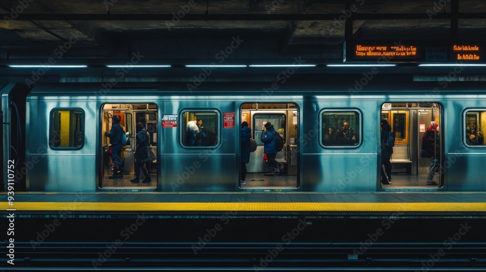 Poster detailed shot of a subway station with passengers entering and exiting trains, and modern transit si