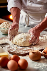 Fototapeta premium Image created with AI. Hands Kneading Dough on a Floured Surface