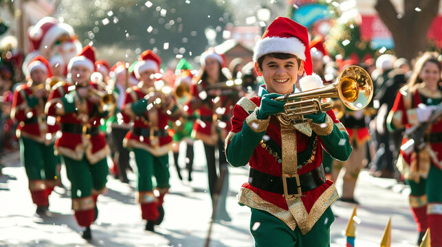 A Christmas parade with floats, marching bands, and people dressed as elves