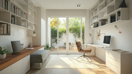 Fototapeta premium Modern Home Office with White Built-in Shelving and Patio View