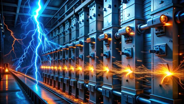 Electricity crackles through a row of high-voltage switchgear components, lit up with bright blue sparks and glowing orange indicator lights in a darkened industrial room.