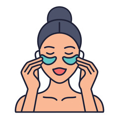 Woman applying eye mask for relaxation. A smiling woman gently applies soothing eye patches for a relaxing beauty routine.