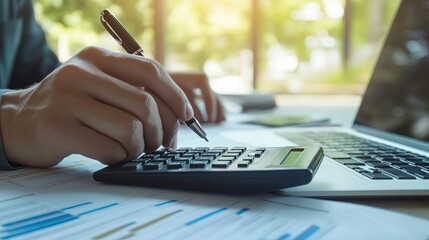 Closeup of a businessman or accountant holding a pen while working with a calculator to process business data reviewing accountancy documents alongside a laptop in an office setting