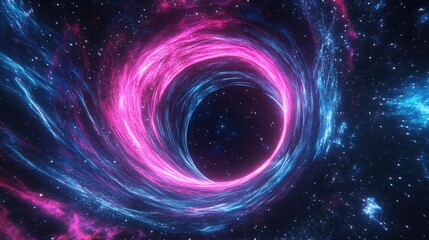 Vibrant 3D cosmic vortex with pink and blue neon lines spinning around a black hole, set against a star-filled galaxy background.