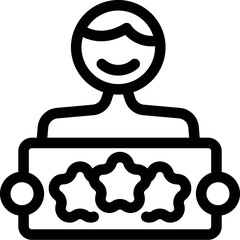 Line drawing of a happy person holding a sign displaying three stars, representing a positive customer satisfaction rating