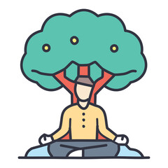 Meditating under a tree. A cartoon illustration of a man meditating peacefully under a large tree. The image promotes tranquility, relaxation, and the benefits of nature.