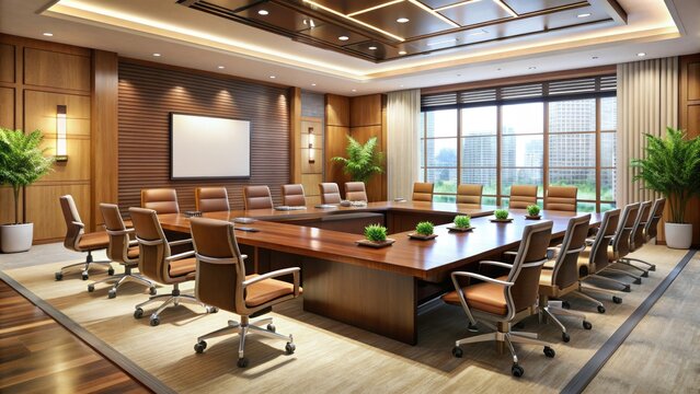 Elegant conference room with wooden chairs and tables, showcasing a well-organized seating plan with numbered seats and a presentation screen at the front.