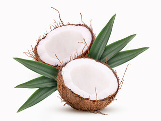 Two coconuts cut in half with leaf