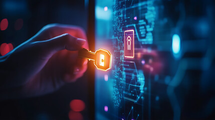 hand holding a glowing digital key in front of a secure digital lock icon on a tablet screen, symbolizing cybersecurity measures