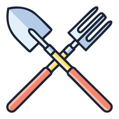 Gardening tools icon set. Crossed gardening trowel and hand rake icon illustration.  Ideal for agriculture, farming, gardening, landscaping, and nature projects.